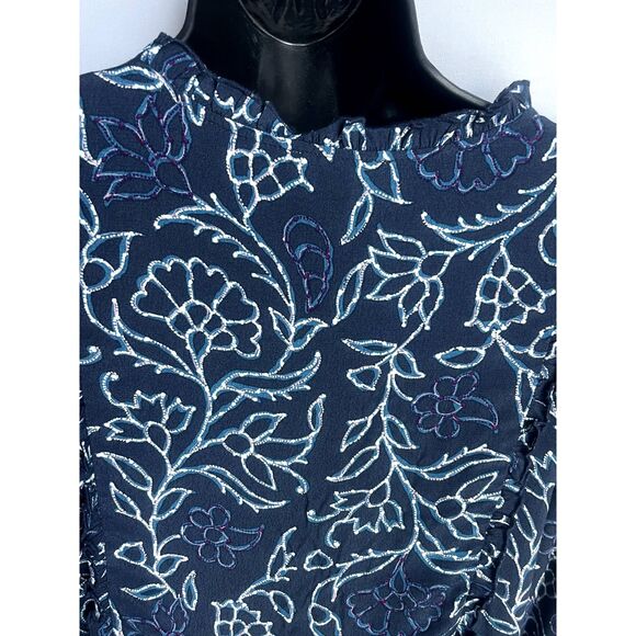 Caslon Navy Blue Shift Dress sz Petite S Floral Botanical Ruffles Boho Peasant - Picture 7 of 11